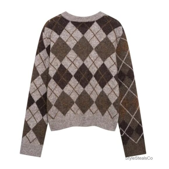 Argyle Cardigan Sweater Long Sleeve Button Down Preppy Knit Cropped - Picture 2 of 7